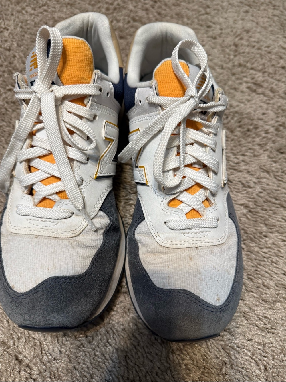 Men's New Balance White and Gray Athletic Sneakers with Yellow Accents